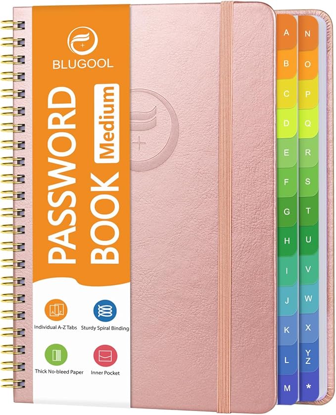 Password Book with Alphabetical Tabs, Password Keeper Book for Seniors, Individual & Colorful Tabs, Spiral Hardcover Password Notebook for Website Logins, 5.7" x 7.7", Rose Gold
