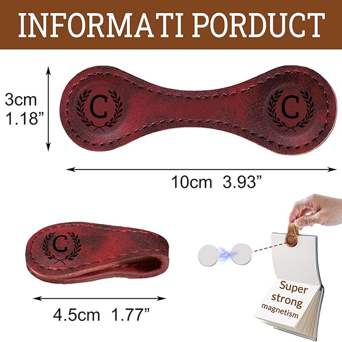 Personalized Leather Magnetic Bookmarks - 26 Letters Name Initial Vintage Engraved Bookmark Book Marker Clips Customized Gifts for Readers Kids Book Lovers Classmate (Red, M)