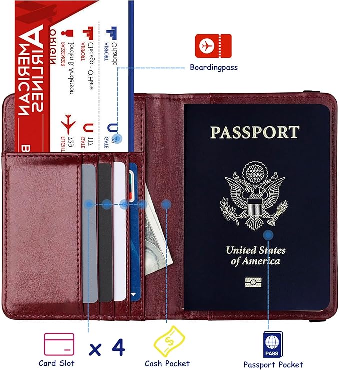 TOURSUIT RFID Blocking Passport Holder for Women Men, Leather Passport Travel Wallet with Metal 3D Metal Badge, Travel Document Holder Cover Accessories (Rose Red)