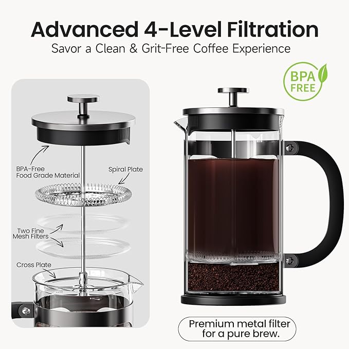 BAYKA 21 Ounce 0.6 Liter French Press Coffee Tea Maker Small, Heat Resistant Thickened Borosilicate Glass Stainless Steel Single Serve Brewer, Cold Brew Cafetera Teapot, Dark Pewter