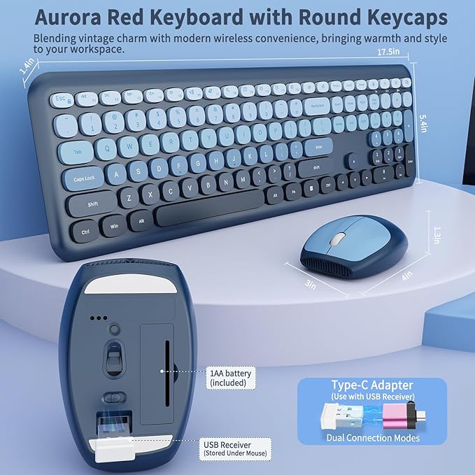 HotFox Wireless Keyboard and Mouse Combo, Full-Size Retro Typewriter Keyboard with Round Keycaps, Ergonomic Design for Windows PC, Home and Office Use -Blue