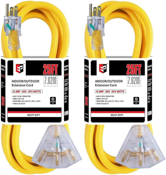 EP 2 Pack 25 Ft 12 Gauge Heavy Duty Extension Cord, 15A 125V 1875W, 3 Outlet Indoor/Outdoor Power Cord with Lighted End, 12/3 SJTW Weatherproof Yellow, UL Listed