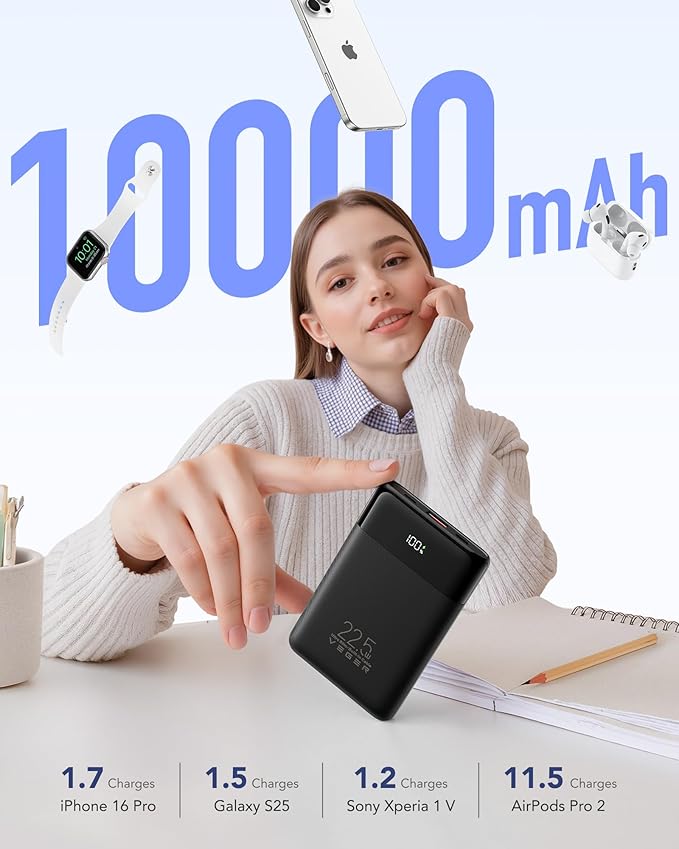 VEGER Portable Charger with Built in Cables, Slim 10000mAh PD 22.5W Fast Charging USB C Power Bank, 4 Outputs 3 Inputs Battery Pack Compatible with iPhone 16 15 14 13 Samsung iPad - Travel Essential