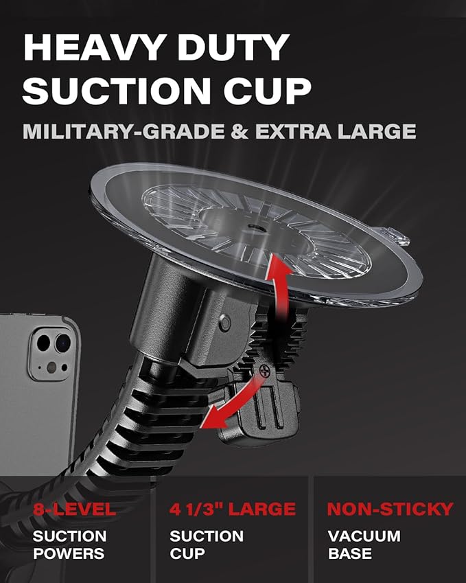 APPS2Car Truck Tablet Holder with Heavy-Duty 4.33" Large Suction Cup, 8-Level Non-Sticky Vacuum Suction Power, Ultra Stable Double-Rib Adjustable Arm, Tablet Car Mount for iPad Pro Air Mini Samsung