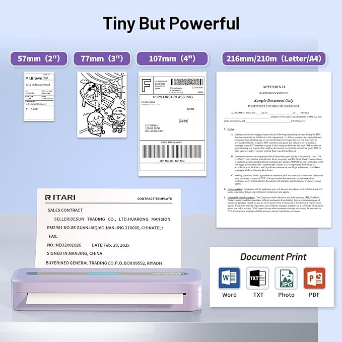 Itari M832 Portable Printer for Travel with Case and 4 Rolls Paper, Inkless Thermal Printer, Support 8.5" x 11" A4 & US Letter, Wireless Compatible with iPhone, Android, Laptop, Purple
