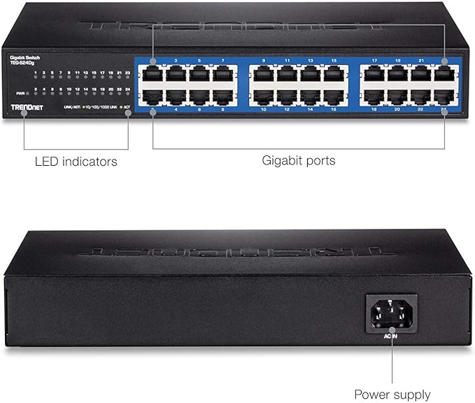 TRENDnet 24-Port Unmanaged Gigabit GREENnet Desktop Switch, Ethernet Network Switch, 24 x 10-100-1000 Gigabit Ethernet RJ-45 Ports, 48Gbps Switching Capacity, Lifetime Protection, Black, TEG-S24DG
