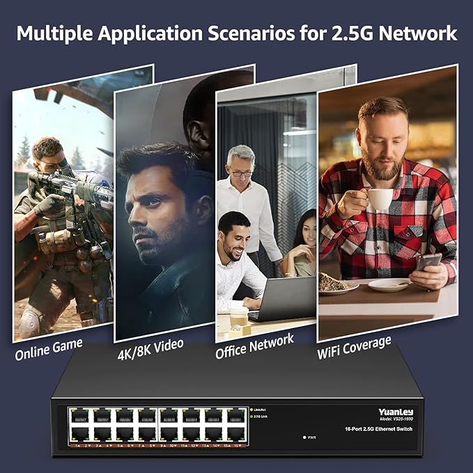 YuanLey 16 Port 2.5GB Umanaged Ethernet Switch, 16 x 2.5G Base-T Ports, Compatible with 100/1000/2500Mbps, Metal Fanless, Desktop/Rack Mount YuanLey 2.5 Gigabit Network Switch for Wireless AP, PC