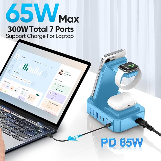 300W Charging Station for Multiple Devices Apple, Zutspzss 10 in 1 Wireless Charger for iPhone 16, GaN III USB C 65W PD Fast Charging Stand Dock for Apple Watch&Airpods,Blue