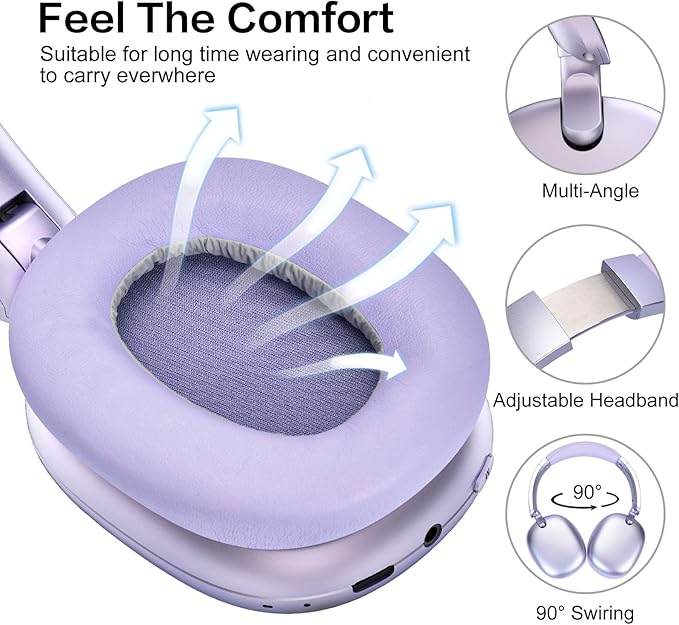 RORSOU C6 Active Noise Cancelling Headphones, Wireless Over Ear Bluetooth Headphones, 60H Playtime, Lightweight Folding Deep Bass Comfort Fit Ear Cups Headset with Mic for iPad/Travel/PC/Home Purple