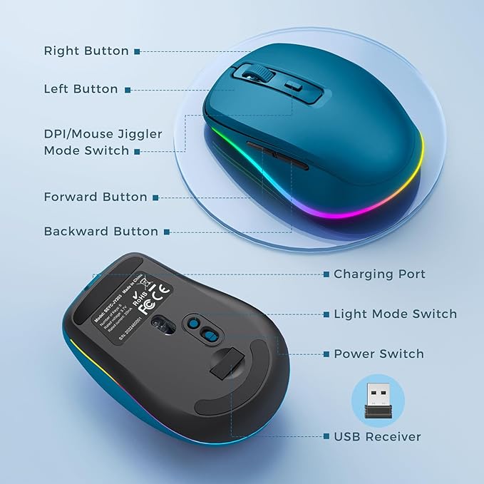 PEIOUS Wireless Mouse Jiggler - LED Wireless Mice with Build-in Mouse Mover, Rechargeable Moving Mouse for Laptop with Undetectable Random Movement Keeps Computers Awake - Dark Blue