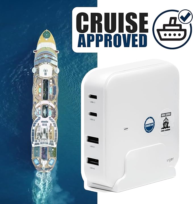 Cruise Approved Power Strip (Royal Caribbean, Disney & More) - Non Surge USB Charger [2 USB, 2 USB-C] 4 Port Charging Station, 3.8 ft Cord for iPhone, iPad, Laptops, More - Cruise Ship Essentials