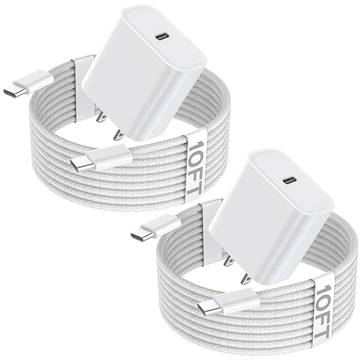 10FT iPhone 17 Pro/16e Charger Fast Charging,2Pack 20W USB C Apple 16 15 Pro Charger Block & 10Foot Long USBC Woven Cable Cord for iPhone 17/17 Air/17 Pro Max/16/16 Pro Max/16 Plus/15/15 Pro Max/iPad