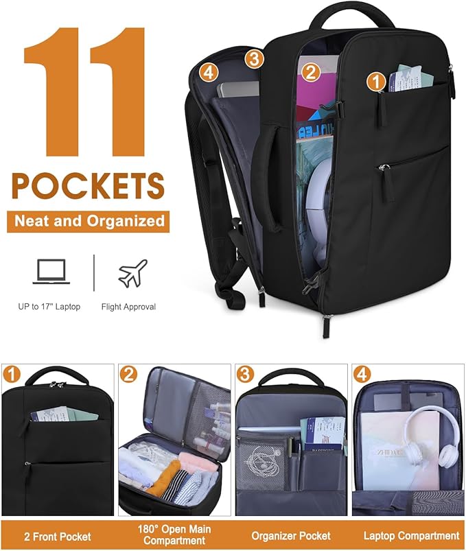 Capolo Travel Backpack for Women Men Waterproof Laptop Backpack Airlines Approved Carry On Backpack Bag Computer Bookbag for Business, Work, Traveling Fits 17 Inch Laptop(Black Zipper)