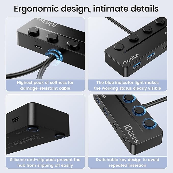 Qeefun 4-Port USB 3.2 Hub with 2 USB-C and 2 USB-A Ports, Individual LED Power Switches,10Gbps Data Transfer USB Splitter with 4ft Extension Cable, Multiple USB Extender for Laptop, PC, iMac etc
