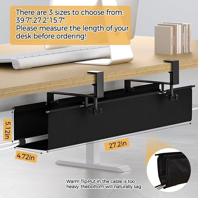 Under Desk Cable Management Tray 27.2" - No Drill Computer Wire Organizer Cable Tray, Fabric Cord Hider Clamp Mount, with 16X Cable Ties PC Cables Management Cord Holder for Office/Home (Black)