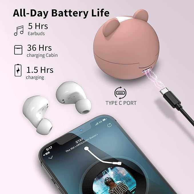 Bluetooth Earbuds Pink Wireless Earbud for Kids 36H Playtime IPX5 Waterproof Noise Reduction Cordless Girls Headphones USB-C LED Display Cartoon Kids Earphones