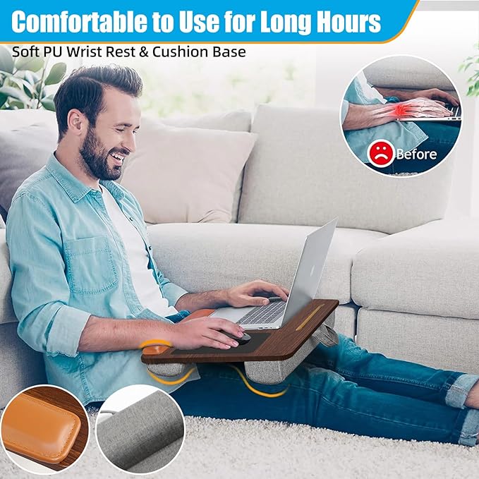 Adjustable Angle Laptop Tray with Leather Wrist Pad - Wooden Laptop Lap Desk with Soft Cushion, Laptops Table for Couch,Bed, Fits Laptops Up to 17 Inches, with Tablet Slot, Portable Handle, Brown