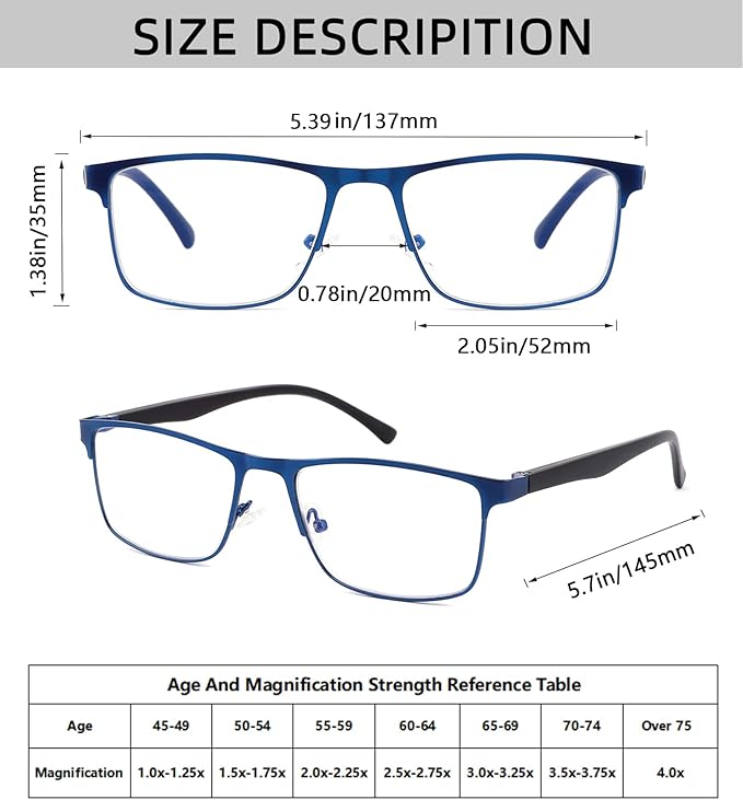 4-Pack Blue Light Blocking Reading Glasses for Men Stylish Metal Frame Readers with Comfort Spring Hinges Anti Glare UV Filter Eyeglasses, +2.0 STRENGTH