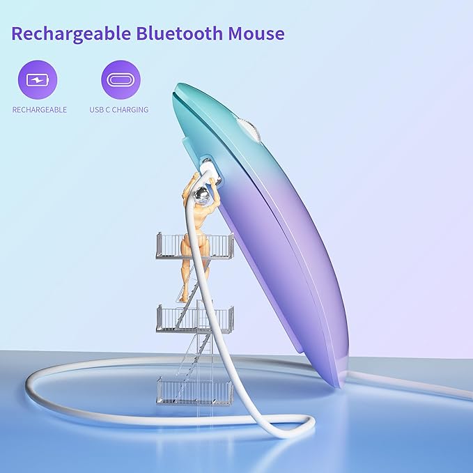 TENMOS M18 Bluetooth Mouse, USB C Rechargeable Wireless Mouse, Triple Mode (Dual Bluetooth+USB) Silent Mice Portable with USB Receiver and Type C Adapter for Laptop/MacBook/iPad - Green and Purple