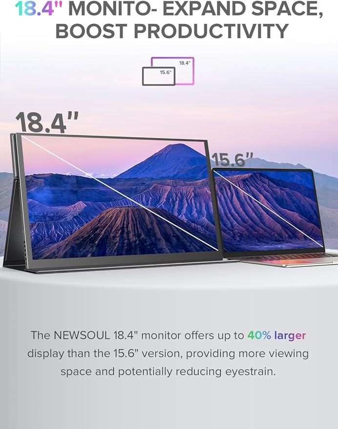Newsoul 4K QLED Portable Monitor, 18.4" UHD 3840 * 2160 Laptop Monitor, 120% sRGB Large Portable Screen Built-in USB-C Mini HDMI with VESA & Cover Second Screen for Phone Game Console