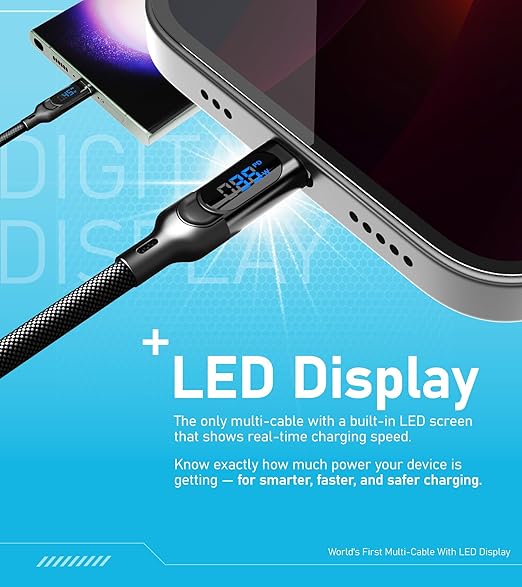 Futurizta Tech® Hydra 3‑in‑1 Triple USB‑C 100 W PD Fast‑Charge Cable with Smart Triboost® & LED Watt Display – Charge Laptop, Phone & Tablet Simultaneously