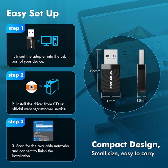 NEWFAST AC1300 Nano USB WiFi Adapter (U323), 2.4G/5G Dual Band WiFi Adapter for Desktop PC, MU-MIMO WiFi Dongle, USB 3.0, Supports Windows 11/10/8.1/8/7/XP, Mac OS 10.9-10.15
