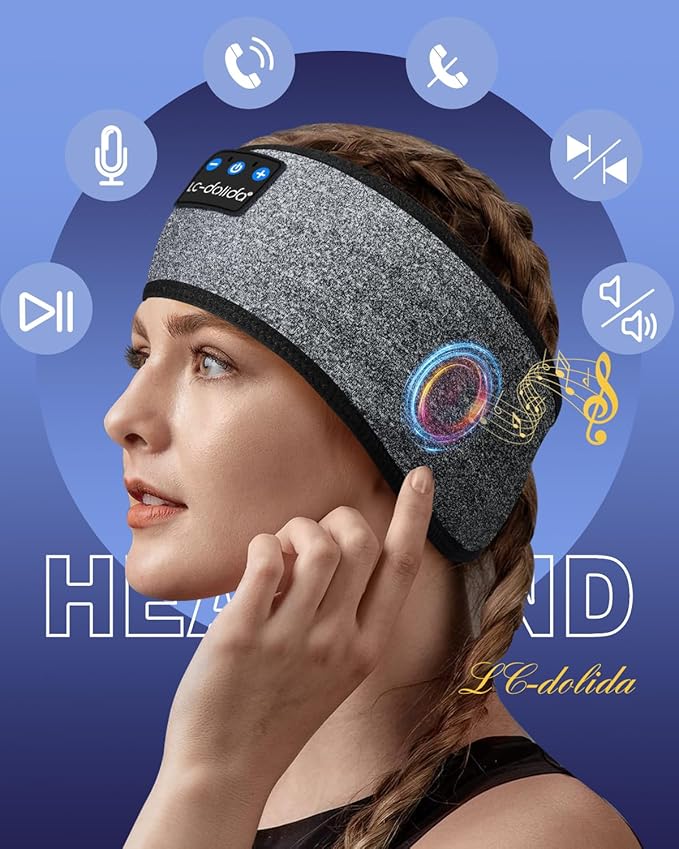 LC-dolida Sleep Headphones Bluetooth Headband Wireless Headband Headphones with Thin HD Stereo Speakers Perfect for Side Sleepers, Sport, Yoga, Travel (Fashion Grey)