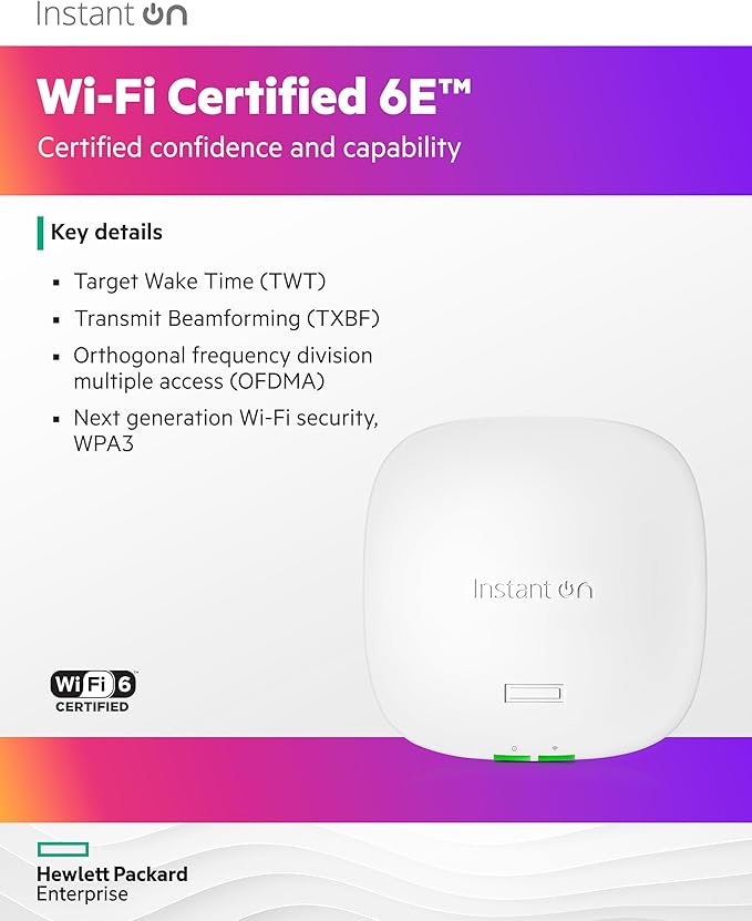 HPE Networking Instant On Access Point AP32 2x2 WiFi 6E Indoor Wireless Access Point (5 Pack) | Secure, Tri-Band, Future Ready | Power Source Not Included | US Model (S1T22A-5PACK)