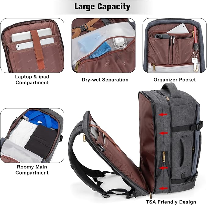 Tzowla 40L Canvas Travel Laptop Backpack for Men Women Carry on Flight Approved,Large Capacity Anti Theft Backpacks with USB Port,Vintage Business Rucksack Bag Fit 17.3 Inch Laptop(Black & Navy Blue)