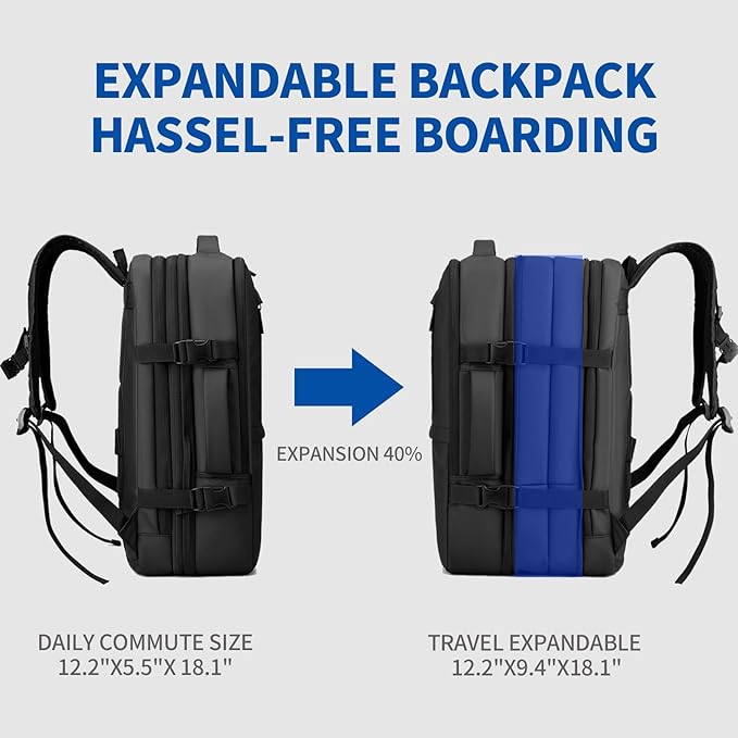 Travel Backpack for Men Women, Expandable Backpacks with Charging Port for Business Work Commute Casual, Black