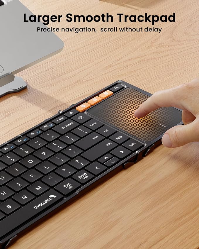 ProtoArc Foldable Keyboard with Touchpad, XK01 TP Folding Portable Keyboard, Full Size Keys, Large Trackpad Bluetooth Travel Keyboards for Laptop PC Tablet - Black