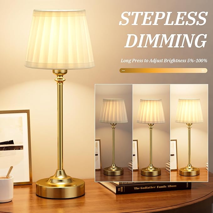 Cordless Table Lamp Rechargeable Gold - 1 Pack Brass 4000mAH Battery Operated Lamp for Decor, 3000K Stepless Dimming Touch Control Wireless Lamp for Bedroom, Dining Table, Counter, Living Room