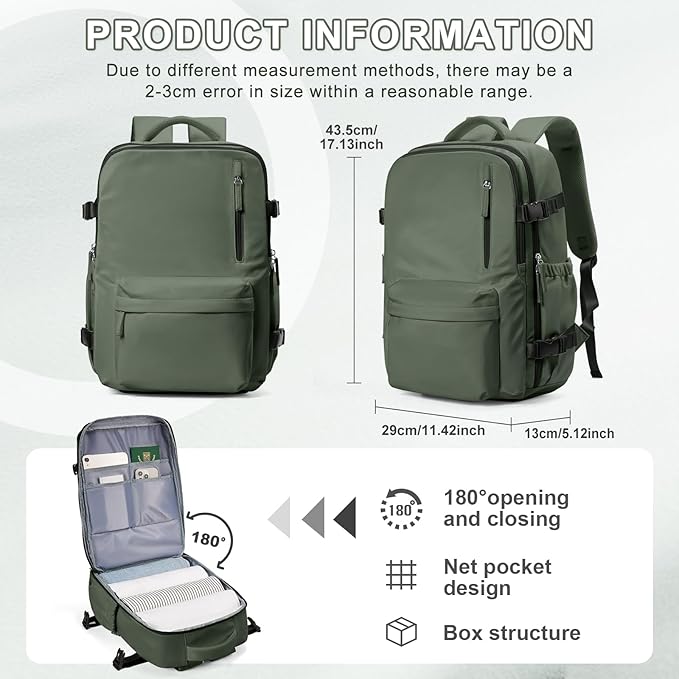 VECAVE Carry On Backpack for Women, Airline Approved Large Travel Backpack Flight Approved, Waterproof 14 Inch Laptop Backpack Business Work Backpacks Bag Men Mochila De Viaje Green.