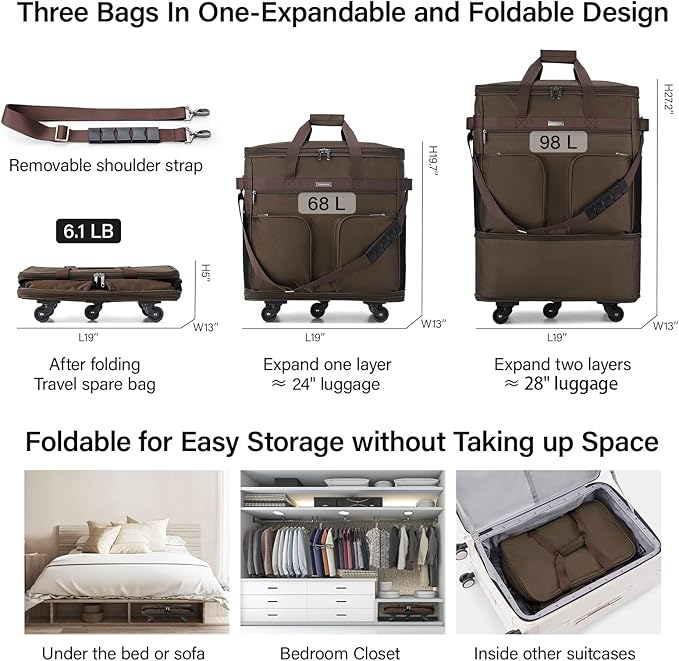 Hanke Expandable Collapsible Luggage with Wheels Suitcase, Rolling Travel Bag, Duffel Garment Tote Bag for Men Women, Lightweight Suitcase, Large Capacity Luggage with Spinner Wheel (Coffee)