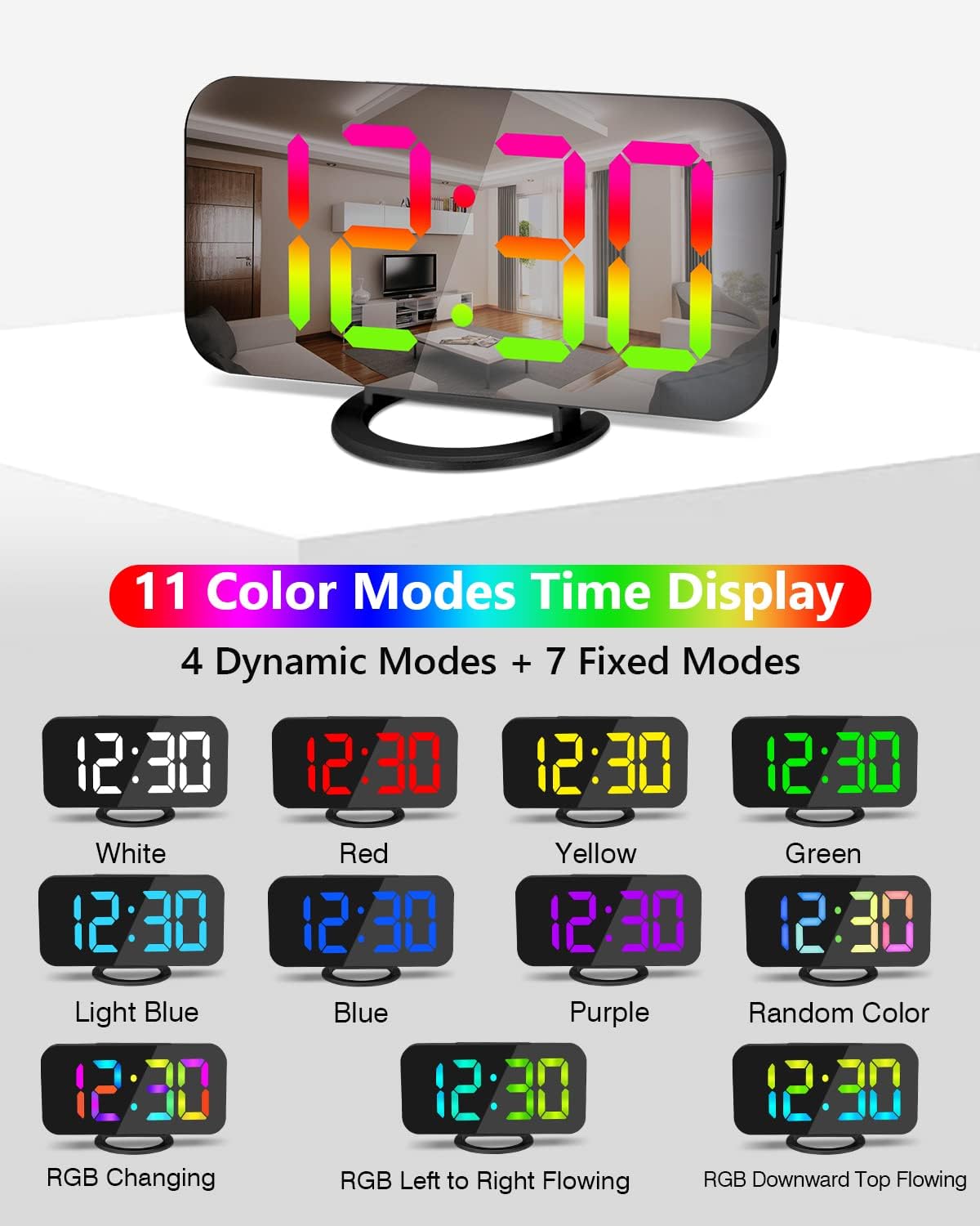 SZELAM LED RGB Digital Alarm Clock,with 11 Color Modes Display,Mirror Surface,Dual USB Charger Ports,Modern Desk Clocks for Bedroom Home Office Decor- Black
