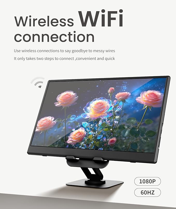 Wireless Portable Monitor for Laptop/PC, 15.6" FHD IPS Travel Monitor with Stand, Built-in G-Sensor, Auto Rotate, HDMI/Type-C, Eye Care, PU Bag, VESA Mount for Mac/Phones/PS5/PS4/Xbox/Switch