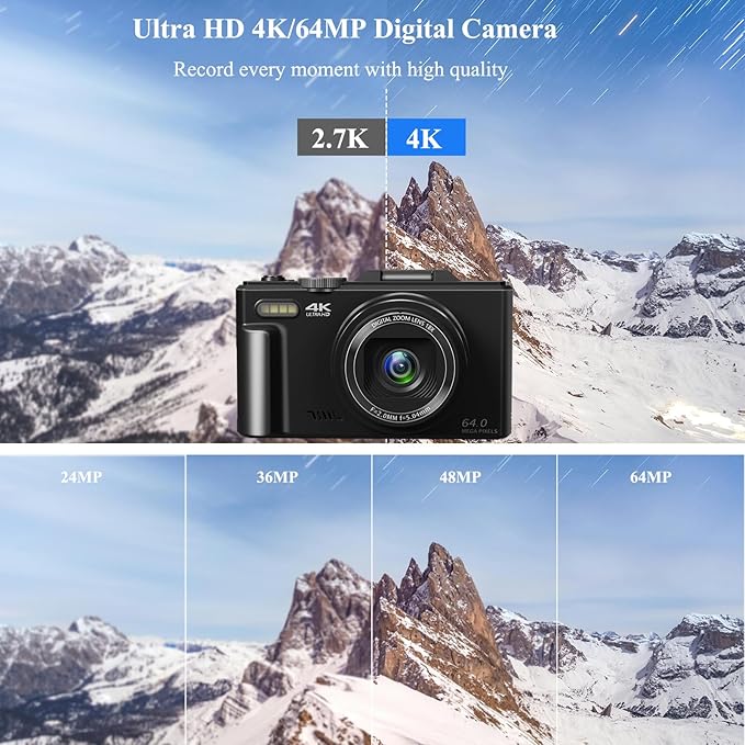 Digital Camera for Photography, WiFi 64MP 4K Vlogging Camera for YouTube, 3" 180° Flip Screen 18X Digital Zoom Compact Vlog Travel Cameras with 32GB TF Card & 2 Batteries, Black