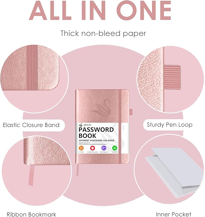 Elegant Password Book with Alphabetical Tabs - Hardcover Password Book for Internet Website Address Login - 5.2" x 7.6" Password Keeper and Organizer w/Notes Section & Back Pocket (Rose Gold)