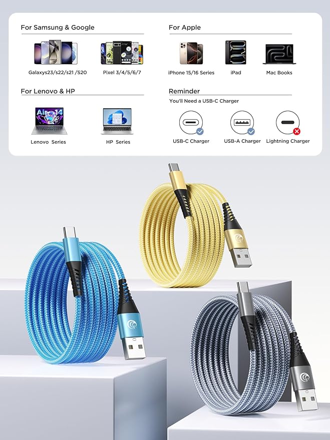 USB C Cable 3FT 3Pack Fast Charging Nylon Braided Long Type C Charger Cable for Samsung Galaxy S24 S23 S22 S21 S10 S9 S8 A02s A03s A11 A12 A13 A14 A21 A22 A32 A42 A53, Tablet, LG, TCL