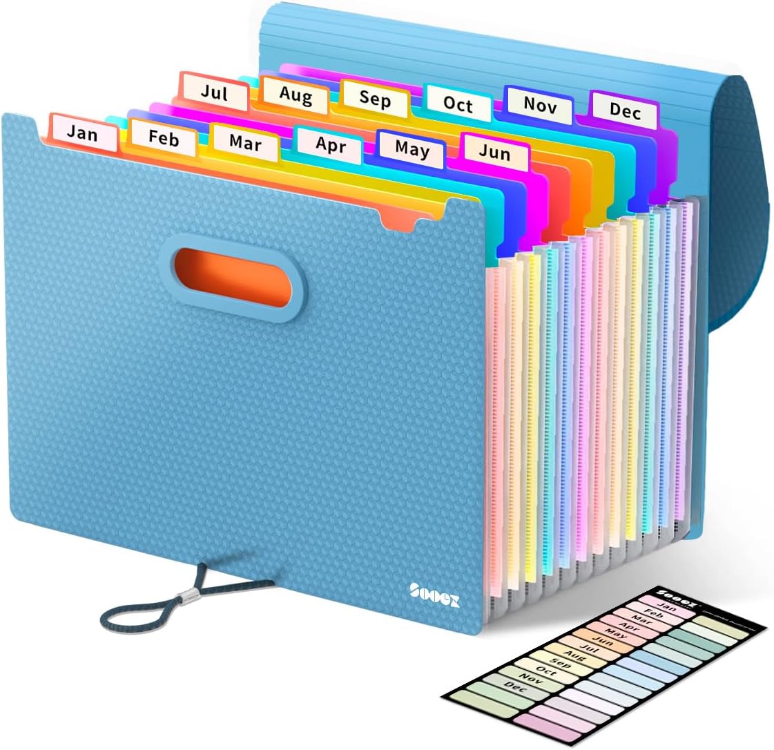 Sooez Upgraded Accordion File Organizer, Expanding File Folder with Deeper 12 Pockets - Never Cover Up Index Tabs, Monthly Bill Paper Receipt Document Organizer, Letter A4 Size for Home Office School