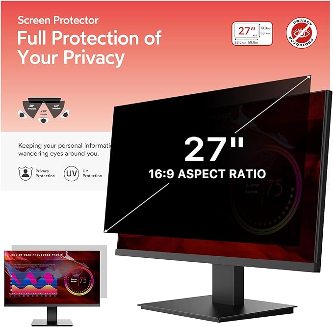 BERSEM 27 inch Removable Computer Privacy Screen Filter for 16:9 Ratio Monitor, Anti-Spy, Anti-Glare, Anti-Scratch, UV-Blocking