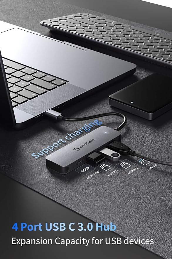 UtechSmart USB Hub, 4-Port USB 3.0 Hub, Ultra-Slim USB Adapter for Laptop, 5Gbps Fast Data Transfer, USB 3.0 Splitter for Dell, HP, MacBook (Grey)