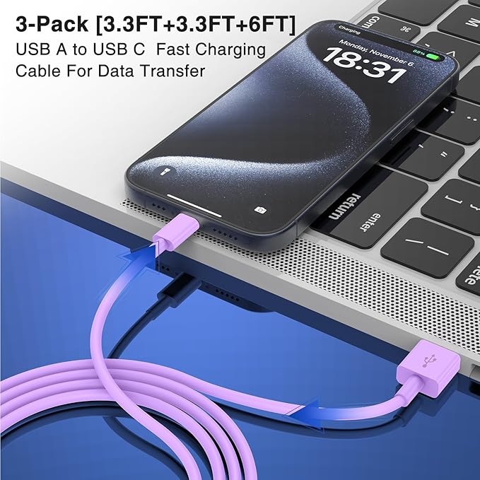 3-Pack Purple [3.3FT+3.3FT+6FT] USB A to USB C Cable，USB to USB C Car Carplay Cable for iPhone 16 15 Pro Plus Pro Max，for iPad Pro/Air/Mini，for Samsung S24/S23/S22，for MacBook Pro/Air and More
