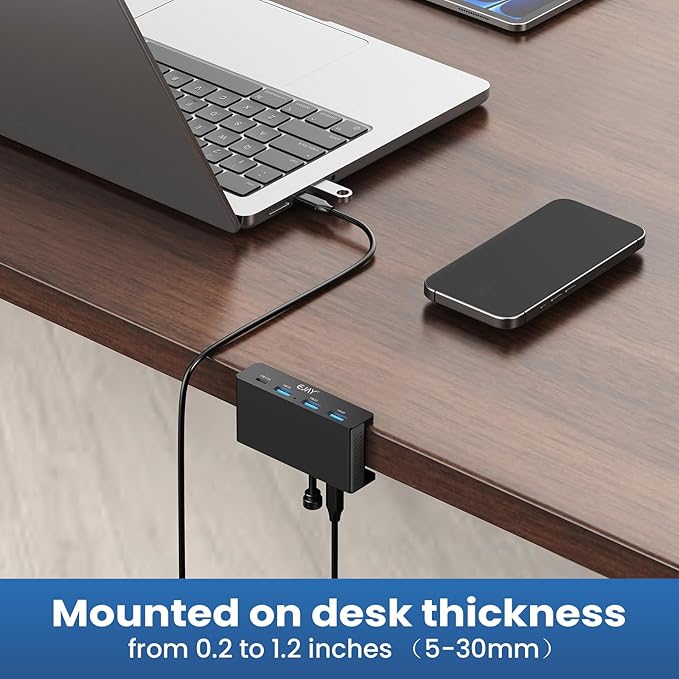 EJAY Mountable 4Ports USB3.0 HUB Alu Desktop Clamp Type C USB3.0 Splitter for Desk/Monitors with Extra Power Supply Port,59inches Data & 39inches Power Cables-5Gbps(BJ-3A1C-BK)