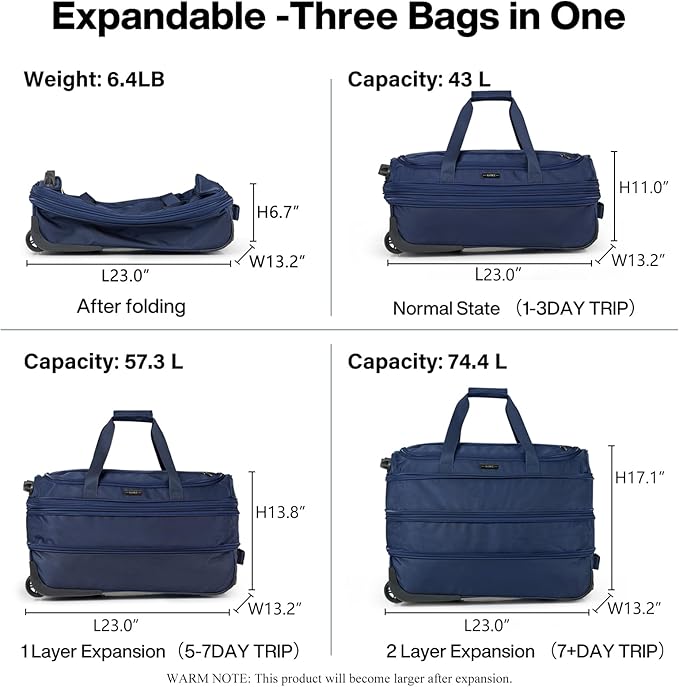 Hanke Expandable Carry On Luggage Suitcases with Wheels Foldable Duffle Bag for Travel Carry On suitcase Weekend Bag for Women Men（Blue）
