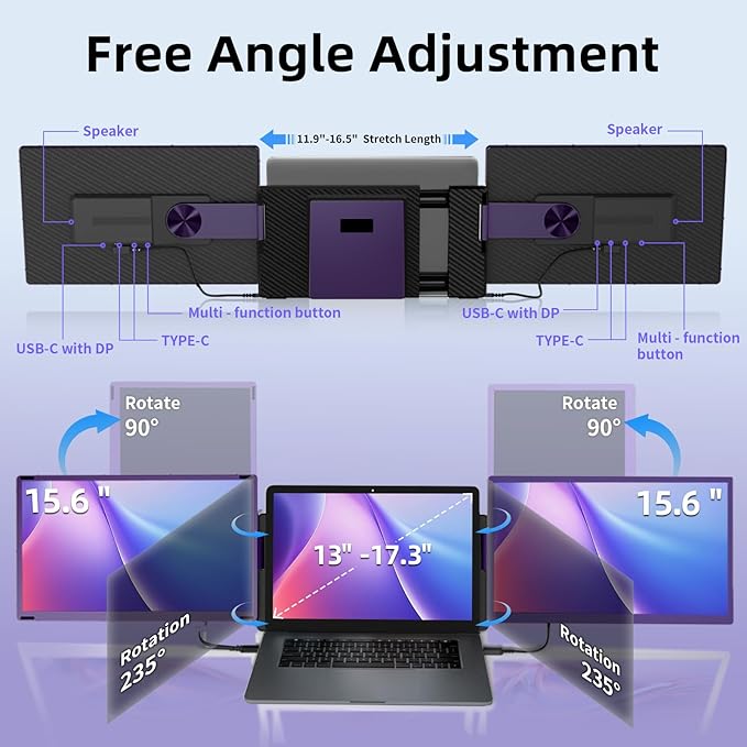 Laptop Screen Extender Triple Monitor - 15.6" Detachable Portable Monitor FHD 1080P IPS 120% sRGB 235° Rotation Travel Extra Screen Compatible with Wins Mac Chrome Dex Fits 13-17" Laptop