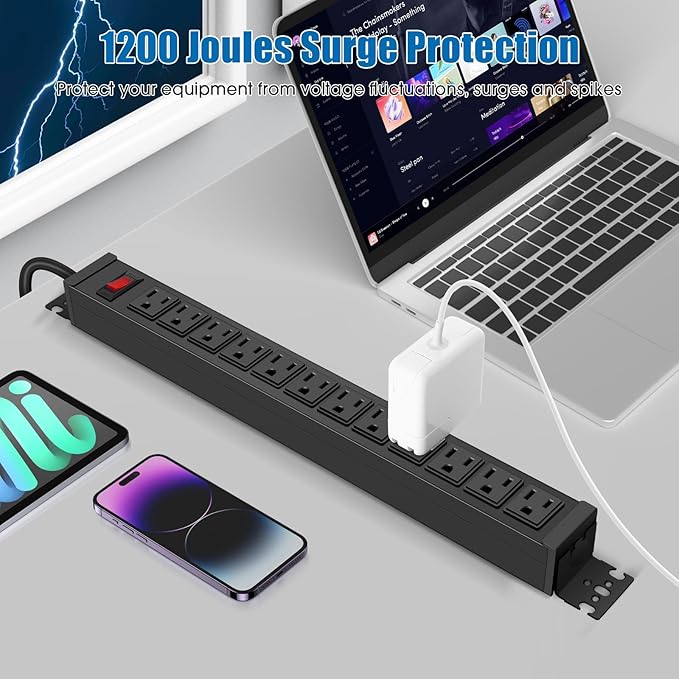 HHSOET Rotating Mountable Power Strip, 12 Outlet Wall Mount Surge Protector, Metal Heavy Duty and Versatile Outlet Strip, Stylish Appearance, Sturdy and Durable, 3ft Power Cord.(Black)