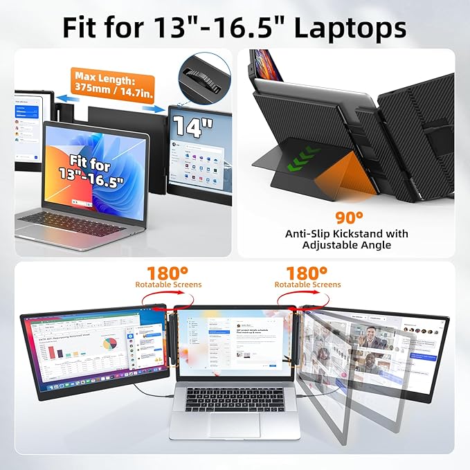 ZUMWALT Laptop Screen Extender, 14" Triple Portable Monitor for Laptop, 1080P FHD Screen Extender Monitors for 13"-16.5", Monitor Extender for MacOS/Windows/Chrome (Built-in Speakers)