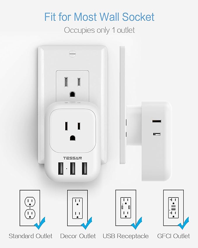 USB Charger Block, TESSAN Wall Plug Adapter with Electrical 4 Box Splitter 3 USB Wall Charger Ports, Multi Plug Outlet Extender Charging for Cruise, Travel, Office, Dorm Essentials, White