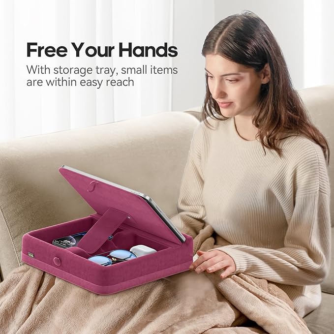 KDD Tablet Pillow Stand with Storage, Foldable iPad Holder for Lap, Desk and Bed, Angle Adjustable Soft Pad Dock with Stylus Mount Compatible with iPad Pro, Air, mini, Book, Phone and Tablet (4-13")